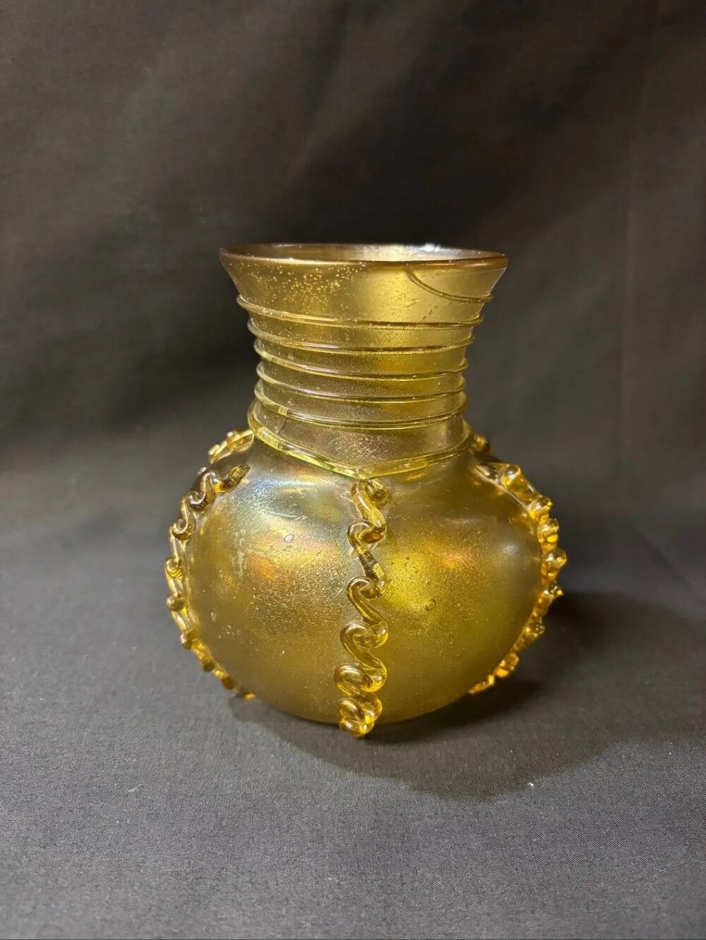 Antique Kralik Bohemian Amber Iridescent Threaded Laced Art Glass Vase 5"